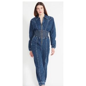 RETROFETE Denim Jumpsuit‎ Smocked Waist Zip Front Made in Italy Size L